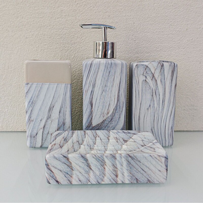 Water transfer white earth bathroom hotel four-piece marble perfume bottle lotion bottle gargle cup soap dish