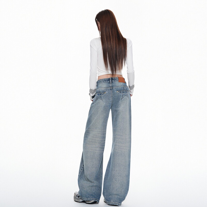 Star-patterned low-rise wide-leg jeans—new autumn style American retro niche washed loose-fit jeans Star-patterned low-rise wide-leg jeans—new autumn style American retro niche washed loose-fit jeans