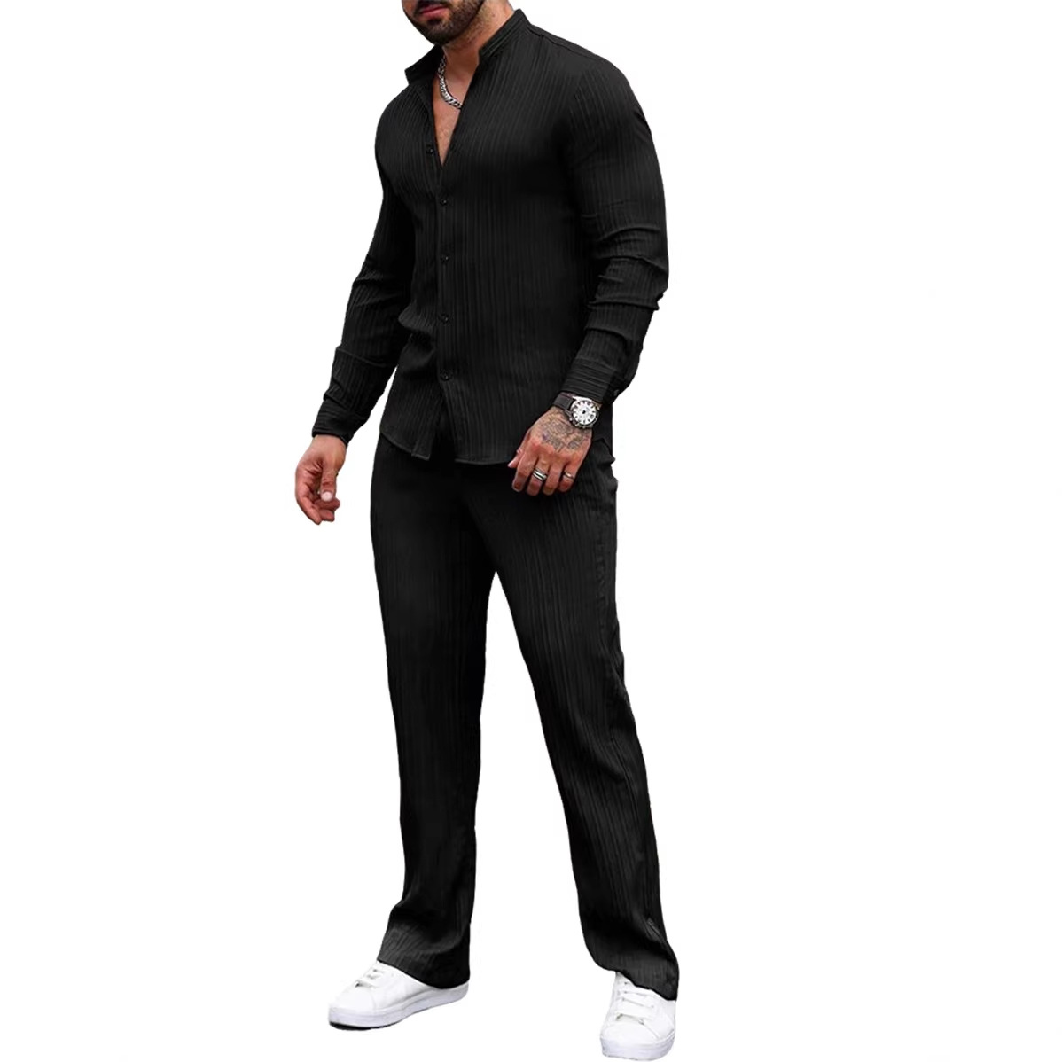 Transfronterizo Amazon nueva primavera y otoño delgada camisa de manga larga de color sólido sin cuello para hombre juego de dos piezas deportivas casuales