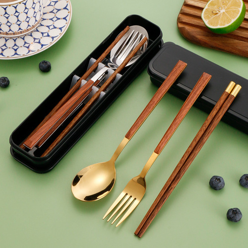Stainless steel portable tableware Portuguese set fork spoon chopsticks three-piece gift box gift student tableware