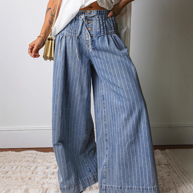 Ebay Cross-Border Hot-Selling New Winter High-Waisted Jeans for Women, European and American Style Versatile Striped Printed Wide-Leg Pants for Women