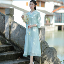 茶服女禅意文艺复古中国风2024年新款改良旗袍连衣裙茶艺师工作服