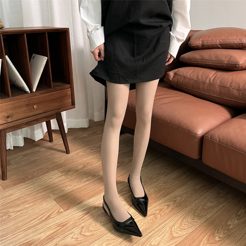 Spring and summer new ballet style wide striped thin pantyhose milk tea color vertical stripes hollow transparent milky white stockings