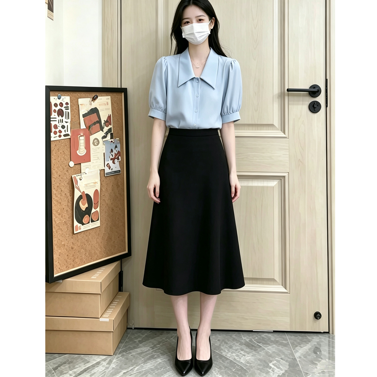 Blue Chiffon Lapel Short-Sleeved Shirt for Women, New Summer Style Professional Interview Work Shirt, High-End Puff-Sleeved Top