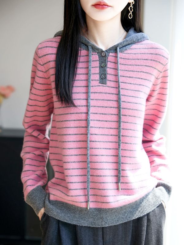 羊毛衫三粒扣拼色条纹帽衫秋冬新款减龄宽松连帽卫衣女士休闲上衣|undefined