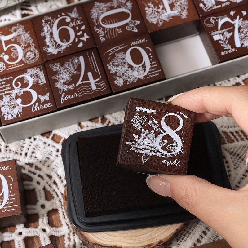 Flores raspando sello de caja de madera transfronterizo inglés alfanumérico combinación de sello flor y hierba mano sello de silicona