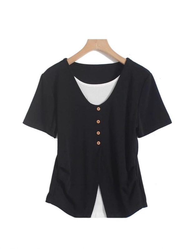 ブルー偽ツーピース半袖 Tシャツ女性の夏の新しい不規則な痩身ステッチ右肩ショートトップ女性のための卸売|undefined