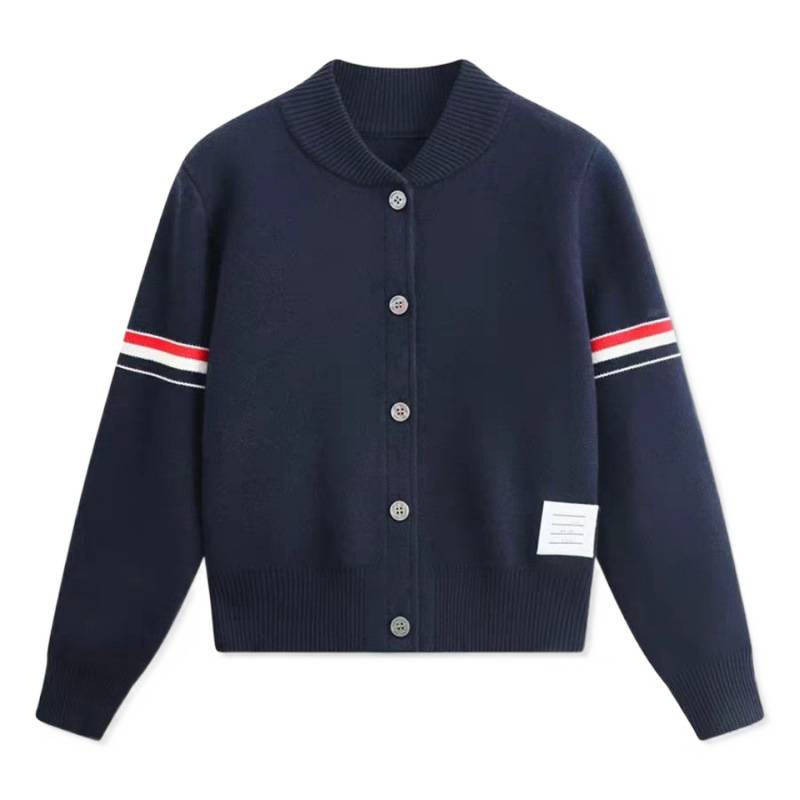 设计感双袖撞色条纹立领针织开衫女气质上衣短外套棒球服|undefined