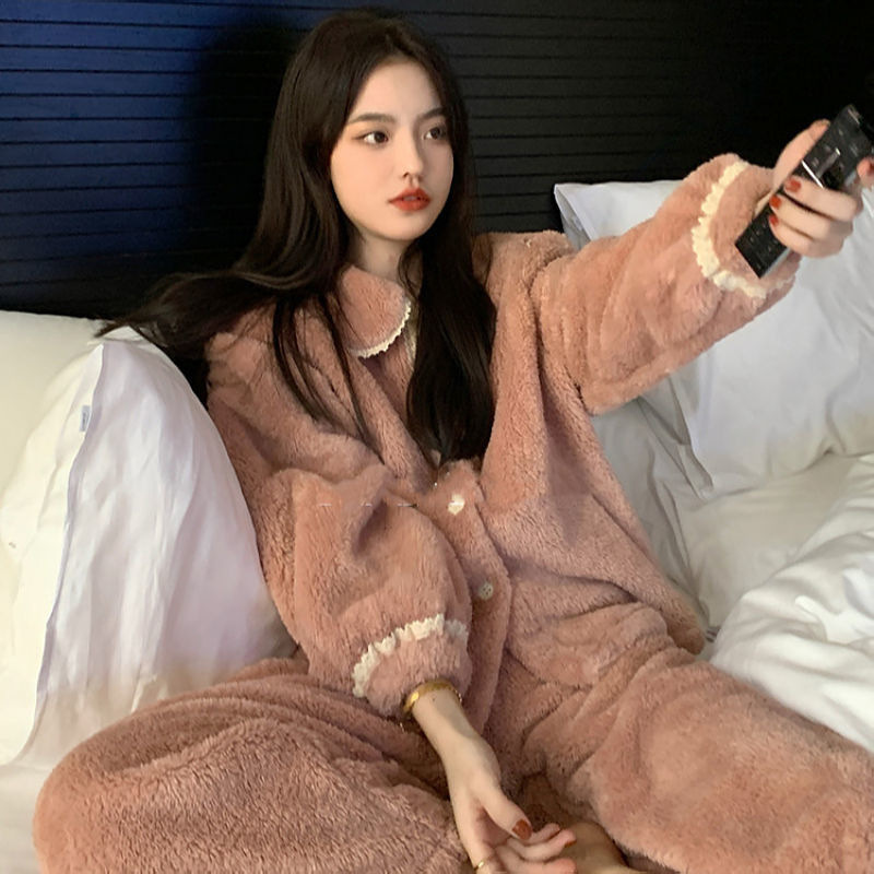 Cross-Border Popular Velvet Pajamas for Women Long-Sleeved Loose Thickened Flannel Women's Autumn and Winter Home Wear Plush Suit
