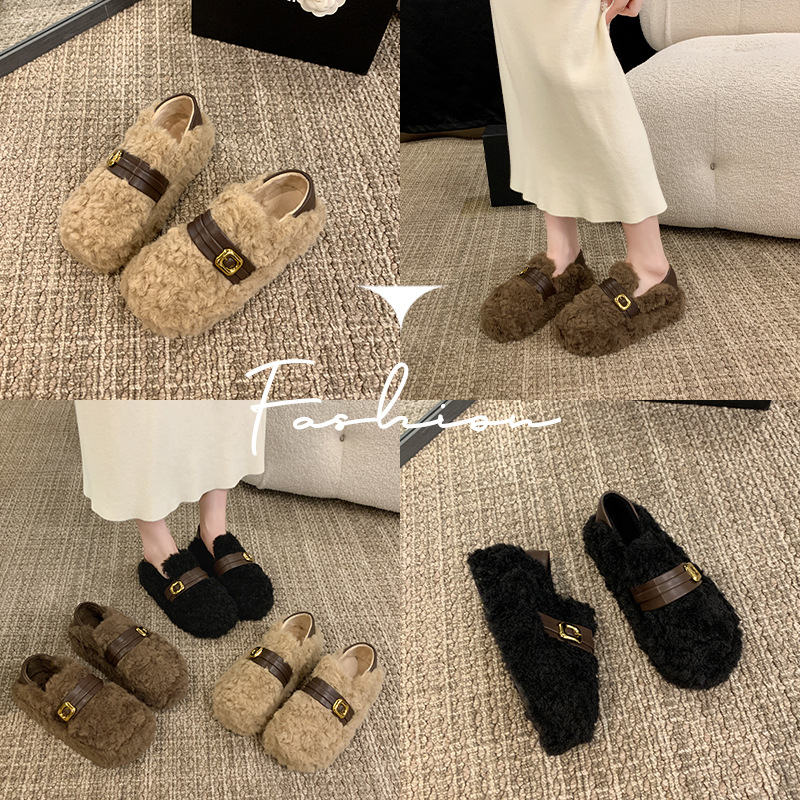 2025新款羊羔毛毛鞋女外穿秋冬加绒保暖豆豆鞋温柔一脚蹬棉鞋