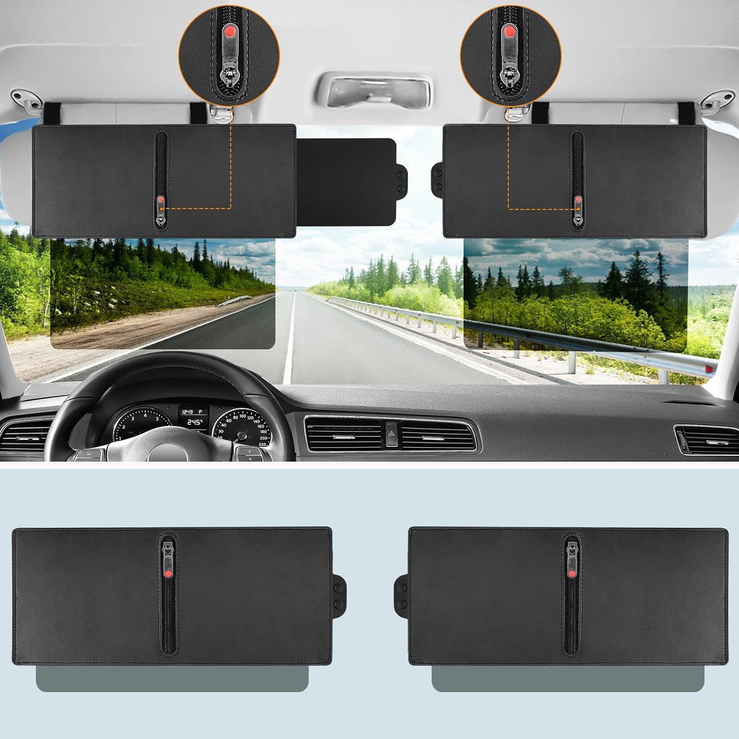 Car polarized sun visor with zipper, expandable polarized anti-glare shield, anti-glare three-sided sunshade panel