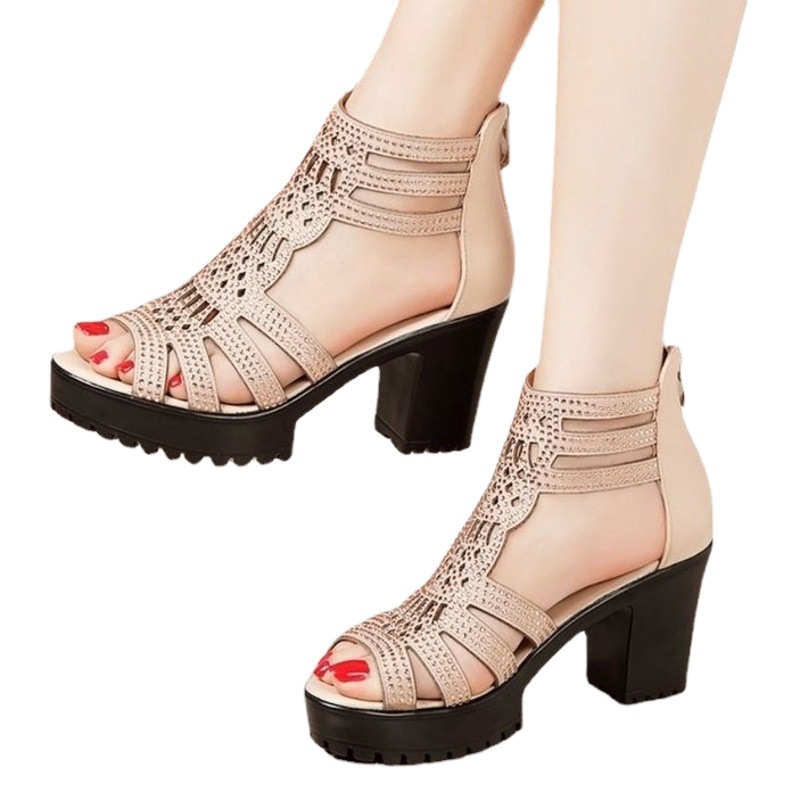 Sandalias de 48 horas para mujer de tacón grueso nuevo estilo antideslizante boca de pez tacón medio-alto zapatos de mujer romanos sandalias de punta abierta de suela suave para mujer