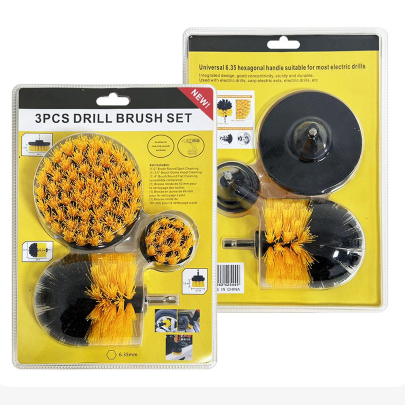 Transfronterizo de doble burbuja 3 piezas 2 pulgadas 3.5 pulgadas 4 pulgadas cepillo de limpieza eléctrica amarillo conjunto de cepillo de perforación eléctrica de limpieza de automóviles