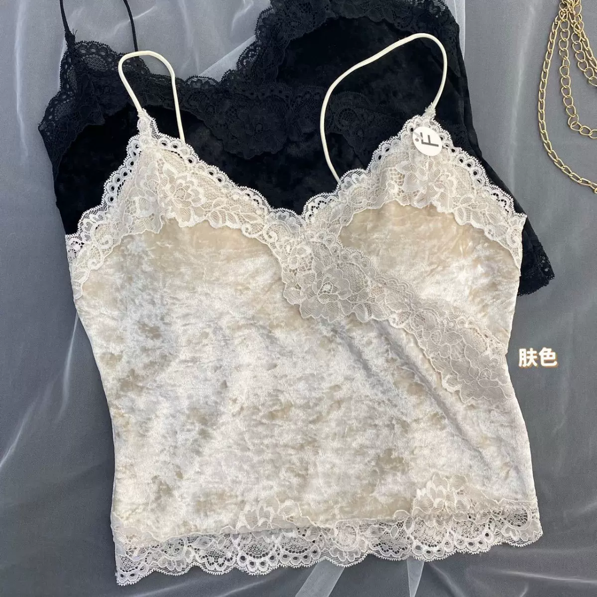 3143#秋冬金丝绒吊带带胸垫美背背心女细肩带蕾丝拼接带胸罩背心