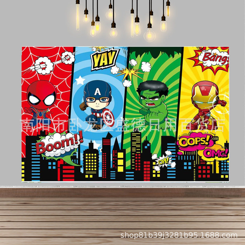 Cross-border supply Amazon superhero theme children's birthday photo banner super city photography background cloth Cross-border supply Amazon superhero theme children's birthday photo banner super city photography background cloth