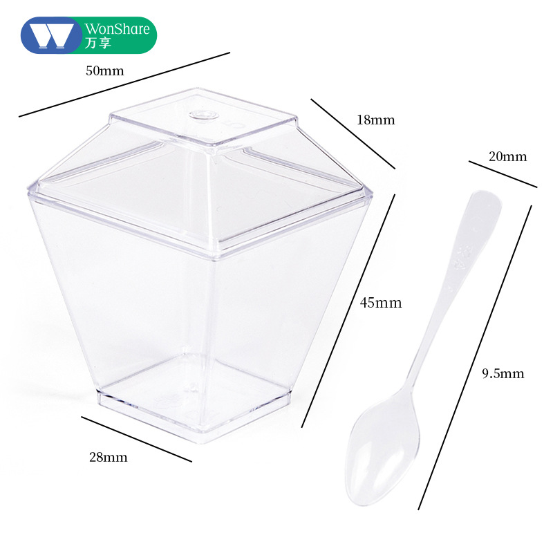 Traje 60ml taza de mousse cuadrada con tapa y cuchara 2oz taza de postre taza de pudín transparente de plástico duro en caja en stock