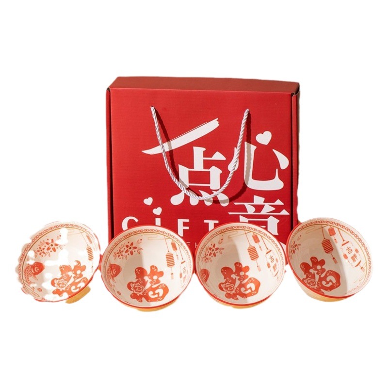 Corporate Gift Ceramic 4-Bowl 4-Chopstick Tableware Gift Box Red Fortune Character Bowl and Chopstick Set Bank Jewelry Store Wedding Banquet Bowl