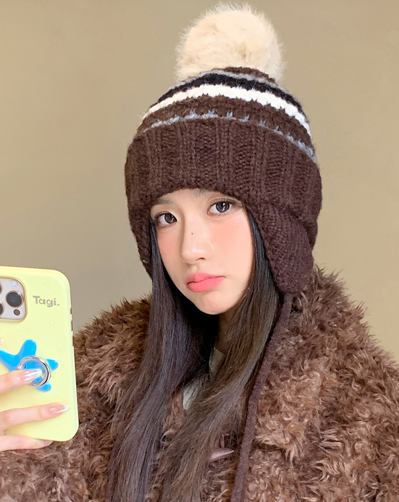 New Retro Fair Isle Style Warm Thickened Fleece-Lined Winter Knitted Hat, Cold-Proof Ear Protection, Tie-Up Wool Hat_voghion.com