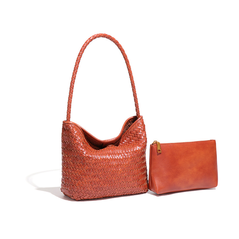 Vacation Lazy Style Retro Casual Hand-Woven Bucket Bag, Handheld Market Basket Bag, Single Shoulder Underarm Bag - Thumbnail 7