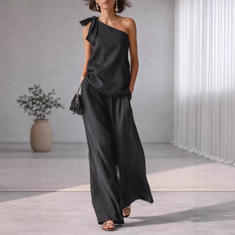 2026 Cross-Border Amazon Independent Site Spring/Summer New Sleeveless One-Shoulder Top with Tie Detail and Wide-Leg Pants 2026 Cross-Border Amazon Independent Site Spring/Summer New Sleeveless One-Shoulder Top with Tie Detail and Wide-Leg Pants