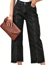 P 15258 Frayed Hem Straight Leg High Waist Jeans ë��ֱͲţ