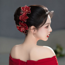 新款绢纱蝴蝶结额链盘发水晶流苏发饰结婚敬酒服礼服样片红色头饰