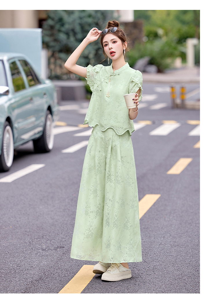 Bộ váy hai mảnh tay ngắn phong cách Trung Hoa cổ điển họa tiết jacquard mùa hè 2025 — Màu vàng be, Màu xanh lá chi tiết 15