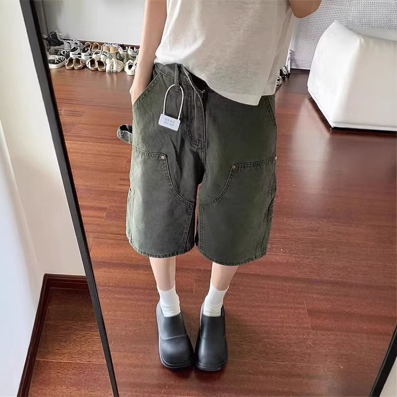 American-Style Rivet Patchwork Lumberjack Workwear Shorts for Women, Summer High Street Style, Mountain Outdoor Wide-Leg Denim Shorts