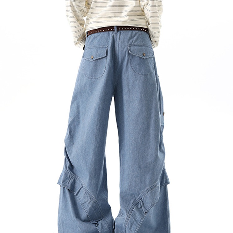 Loose straight-leg wide-leg pants, workwear style, multi-pocket design, studded denim jeans, men's fashion, trendy brand, deconstructed American style, autumn wide-leg pants