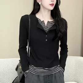 大码女装时尚遮肉显瘦假两件条纹拼接长袖T恤打底衫上衣胖mm2025