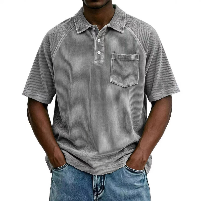 2026 Cross-Border European and American Summer New Men's Button-Down Lapel Casual Corduroy Loose Solid Color Short-Sleeved Polo Shirt 2026 Cross-Border European and American Summer New Men's Button-Down Lapel Casual Corduroy Loose Solid Color Short-Sleeved Polo Shirt
