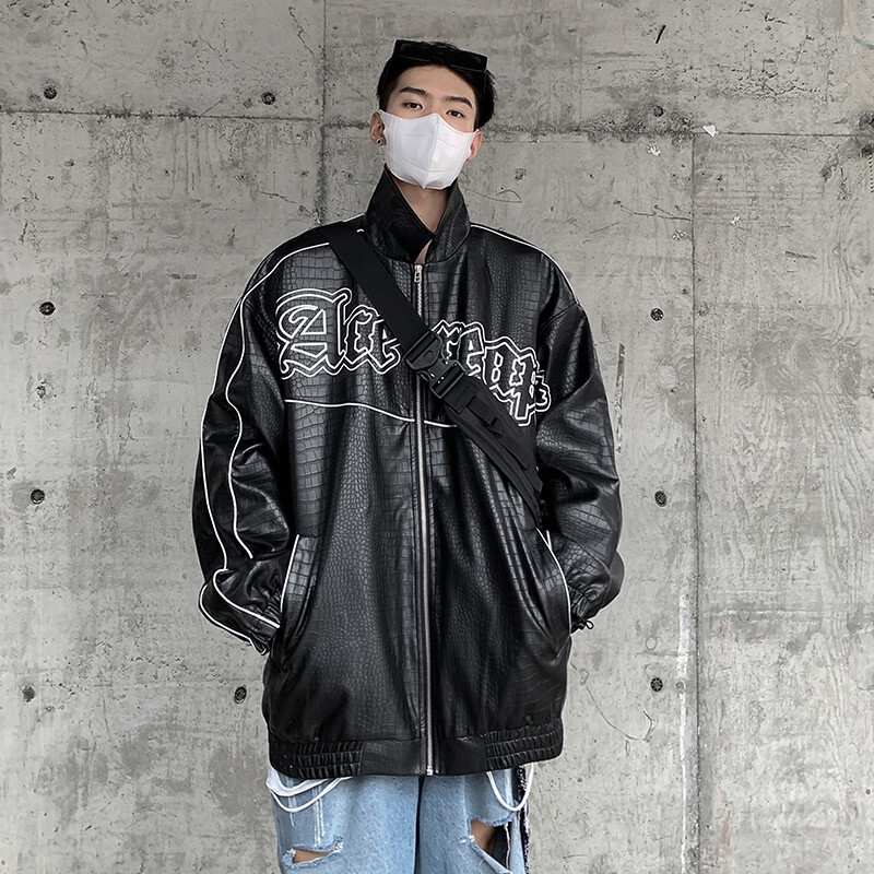 Men's Reflective Crocodile Line Leather Jacket Design Pattern Leather Men's Spring and Autumn Retro Handsome Jacket Motorcycle Boys' Jacket