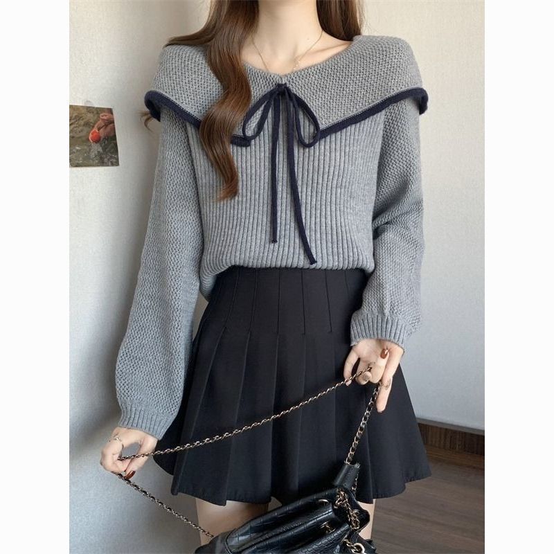 Polo collar tie-shoulder knit sweater for women, 2026 autumn and winter new style, casual loose fit, suitable for outerwear, age-reducing and slimming