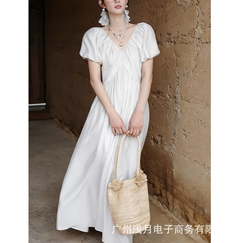 Plum Blossom "Seine Holiday" Lyocell Acetate Linen French Vacation V-Neck Puff Sleeve Dress for Women Plum Blossom "Seine Holiday" Lyocell Acetate Linen French Vacation V-Neck Puff Sleeve Dress for Women