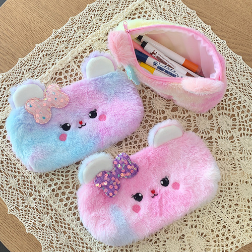 New Cute Colorful Bow Bear Pencil Case Fuzzy Girly Student Pencil Supply Bag Gift Wholesale