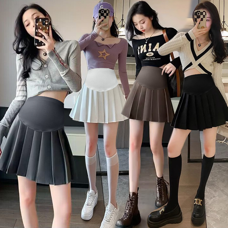 Tmall quality spring and autumn New thick suit pregnant women's skirt solid color pleated simple trendy mom belly support skirt