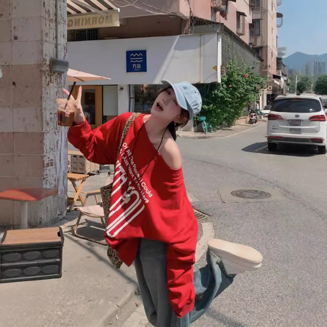 Two-sided Designing Shoulder Sweatshirt Women's Early Autumn 2024 New Casual Loose Slimming Lazy Style Printed Top