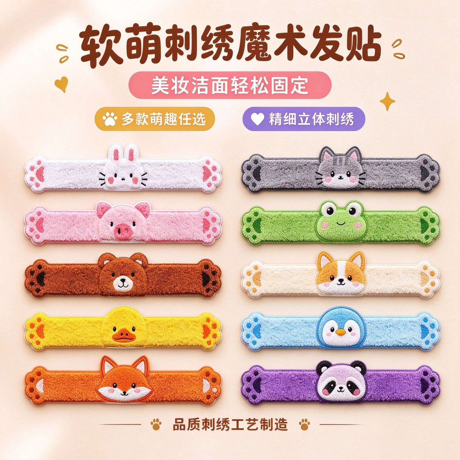 Towel Embroidery Bangs Patch Custom Cute Cartoon Hair Patch for Women Washing Face and Makeup Magic Patch Manufacturer Wholesale