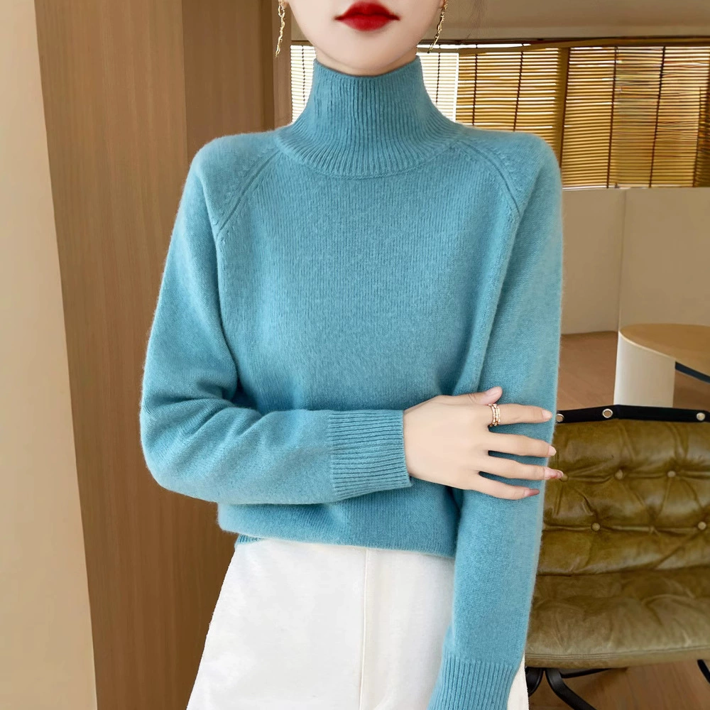 Свитер с воротником женский осень-зима новый 2024 толстый корейский женский сплошной цвет пуловер свободный трикотаж с длинными рукавами