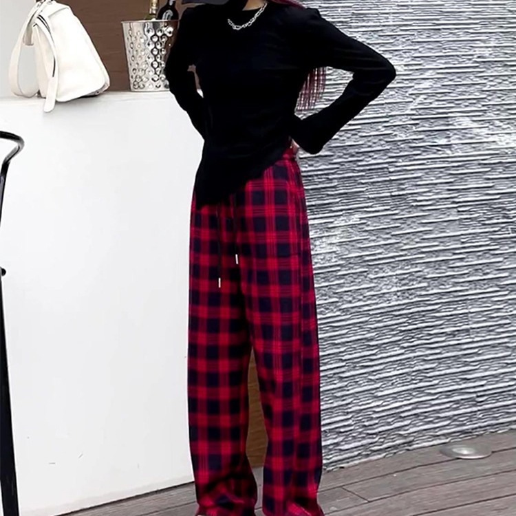 Red Velvet Plaid Pants for Women, Autumn and Winter Outer Wear for Small People, High-Waisted, Versatile, Loose, Casual, Wide-Leg Pants