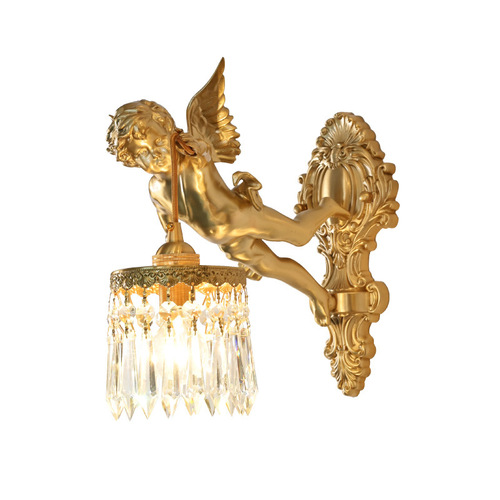 French full copper angel wall lamp for antique living room, bedroom, study, corridor wall light, American retro light luxury crystal lighting