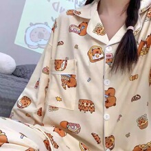 卡皮巴拉睡衣女春秋季针织棉长袖套装卡通可爱少女休闲宽松家居服