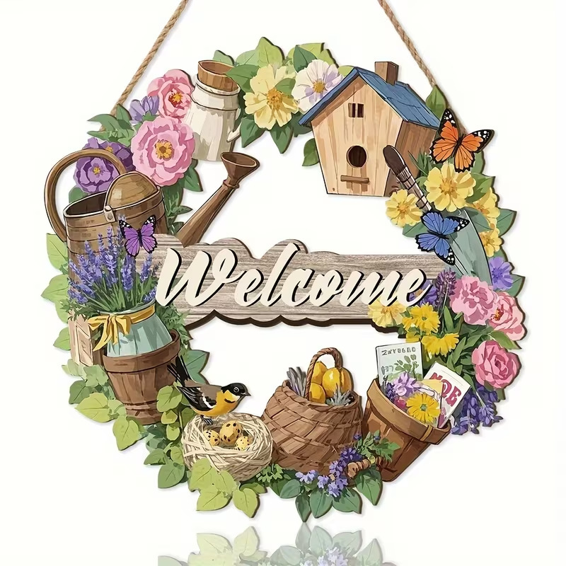 Colgante transfronterizo nuevos productos primavera flores conejo puerta lista fiesta en el hogar de Pascua puerta delantera bienvenida colgante de madera