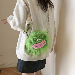Sling bag with long-haired little monster plush toy, cute cartoon-style big-mouthed doll shoulder bag, funny decorative toy