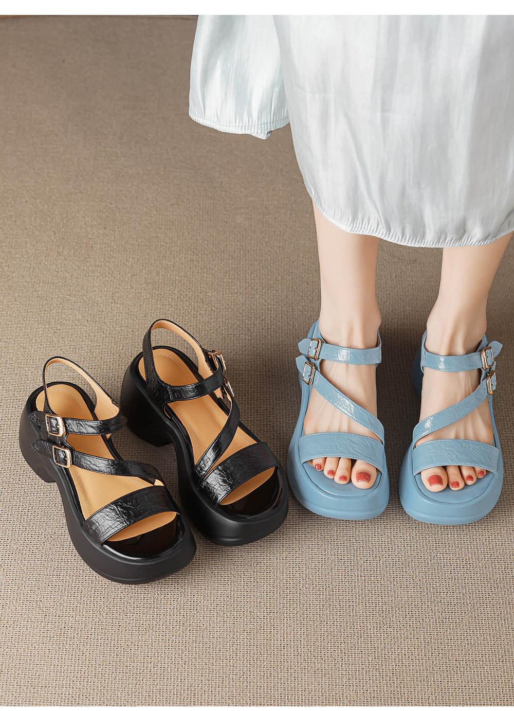 Sandal cao gót nữ hở mũi đế xuồng quai ngang khóa cài — màu đen, màu xanh hồ chi tiết 14