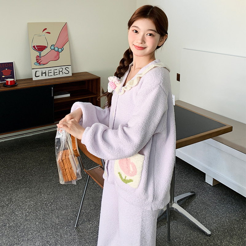 23 Otoño e Invierno medio terciopelo engrosado pijamas Tulip cardigan conjunto de dos piezas prendas de vestir exteriores homewear para las mujeres
