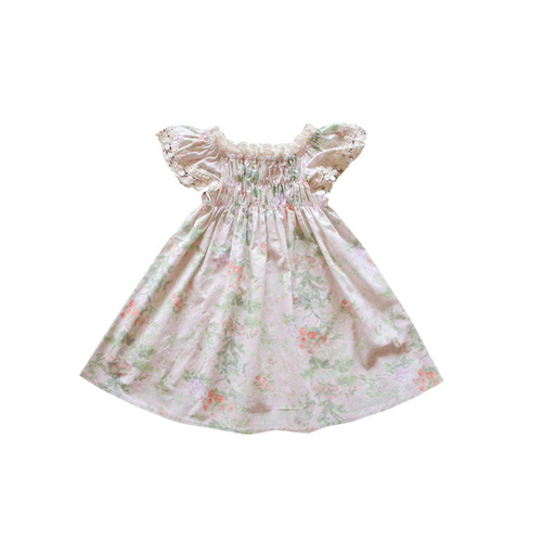 2024 Summer Strawberry San Korean Style Children's Dress for Girls with Elastic Lace Sleeve and Flower Decor