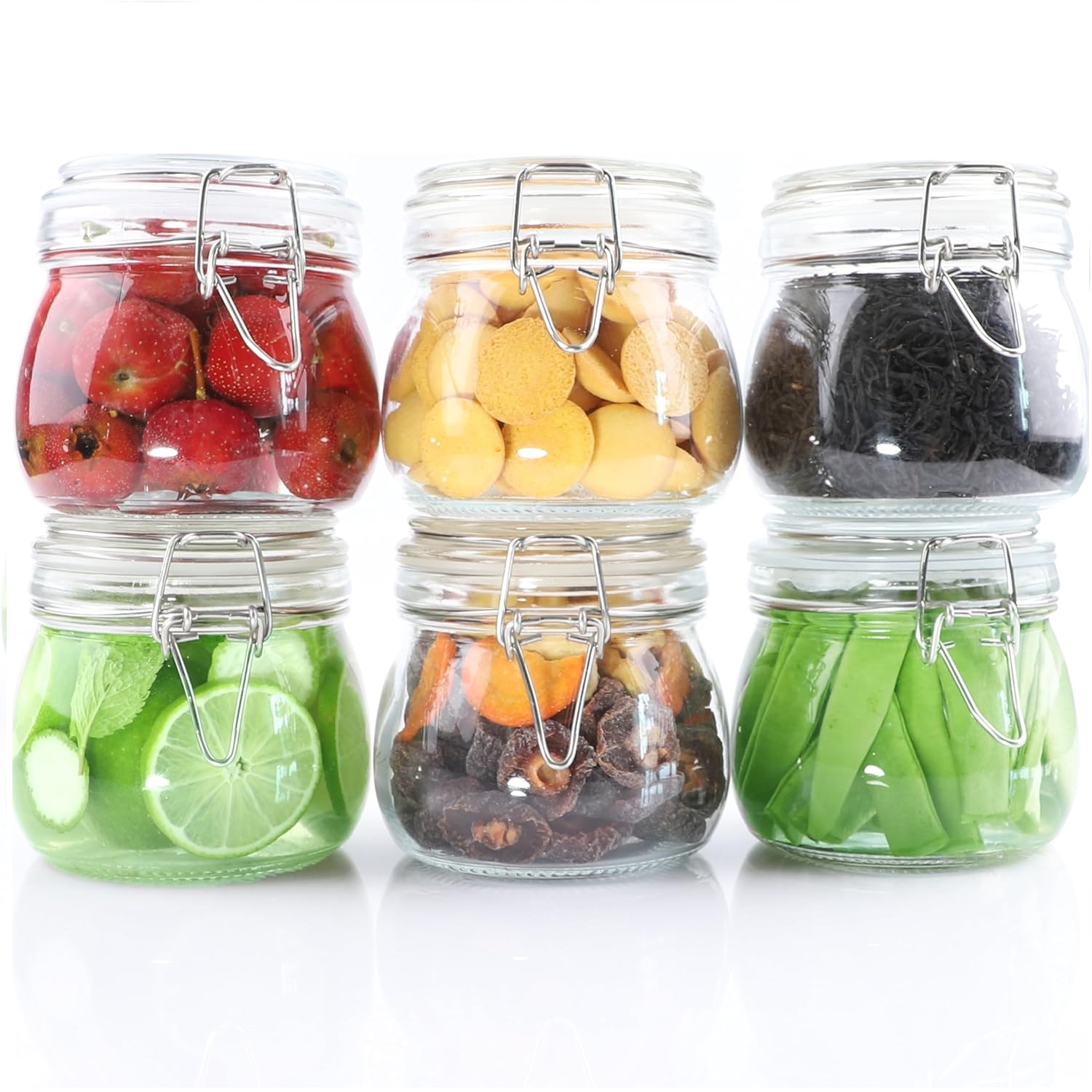 17oz500ML圆形食品储存罐意面糖果不锈钢卡扣密封玻璃罐6件套