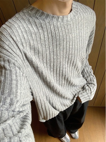 Light Gray Knit Long-Sleeve T-Shirt for Men - Spring and Autumn Season Cleanfit Base Shirt - Relaxed Style High-end Crew Neck Sweatshirt