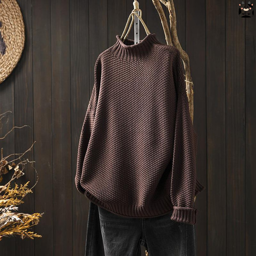 Red art retro 2026 autumn and winter casual pullover semi-turtleneck sweater women's loose large plate knitted base shirt
